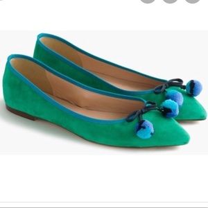 J Crew Gemma Suede Flats with Pom-Poms